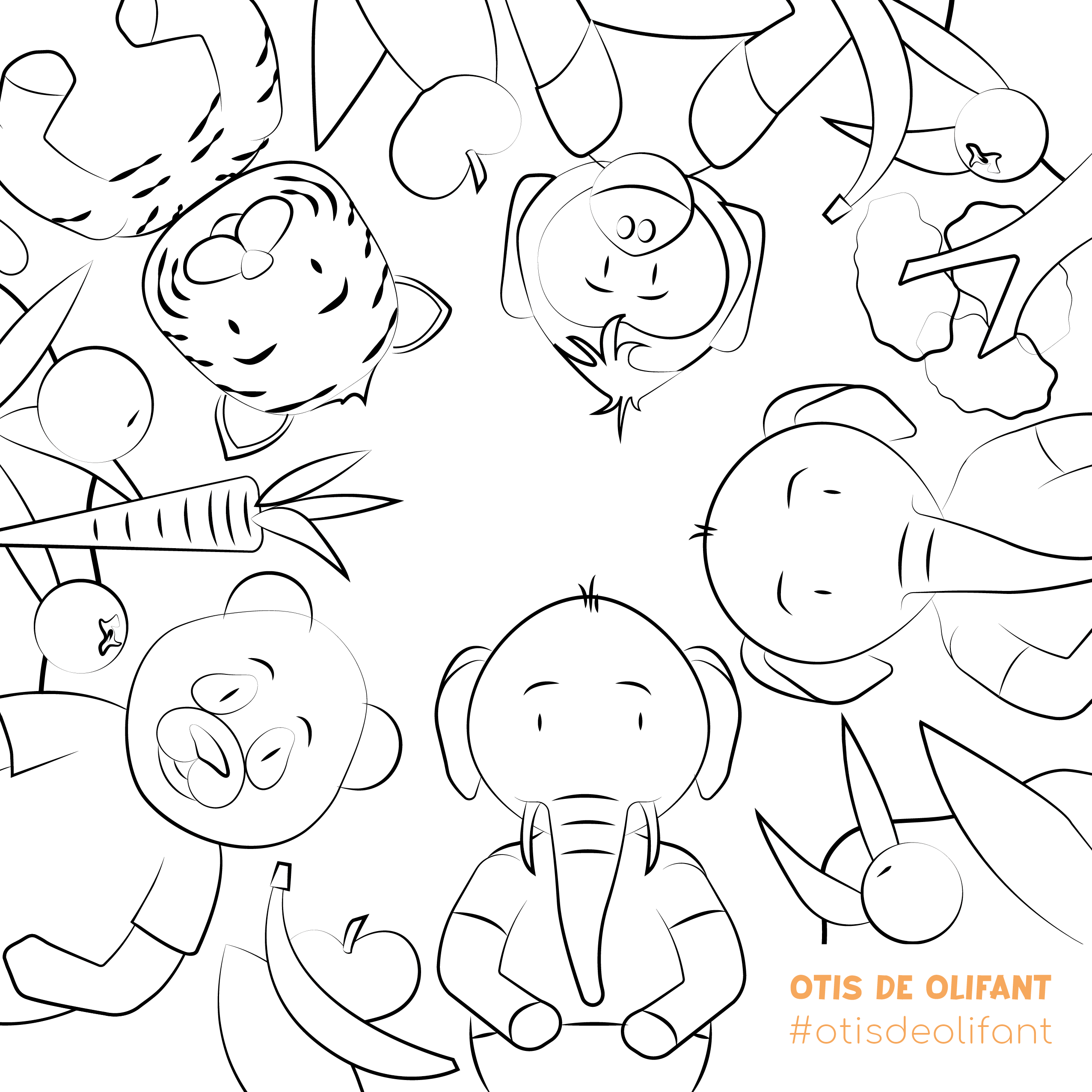 Kleurplaat - Otis de olifant en zijn vriendjes
